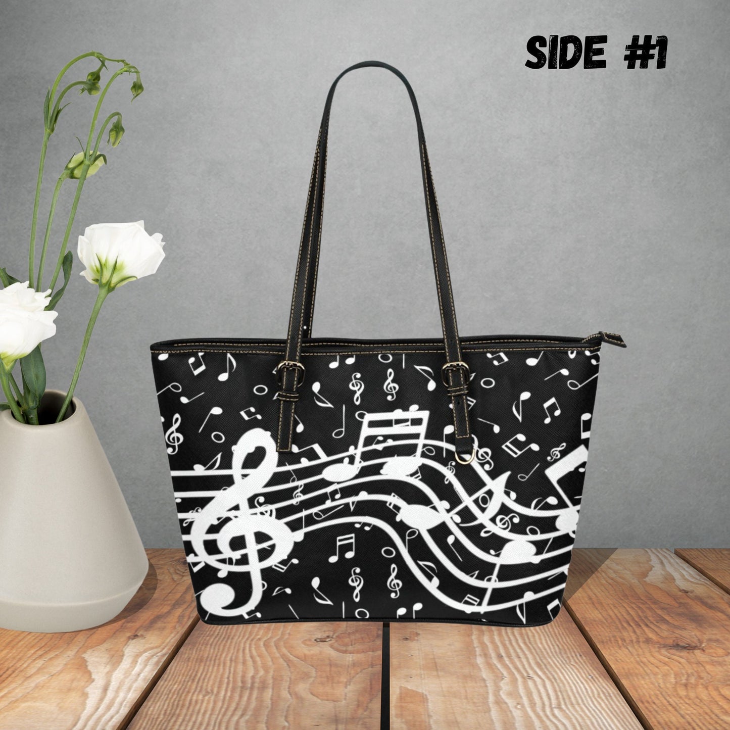 Music Notes and Treble Clef faux leather tote bag, Black and white handbag, Perfect gift for music teacher, Gift for women music lovers