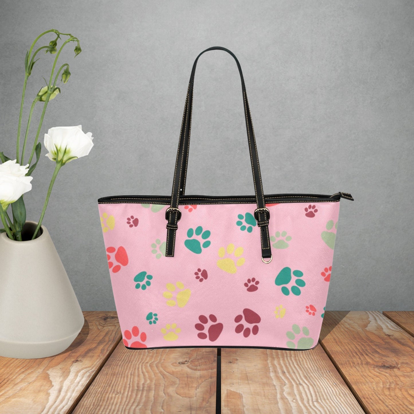 Dog Paw Prints on a large faux leather handbag, Women’s White, Black, Pink, or Gray tote bag, Cute Dog lover handbag with adjustable handles