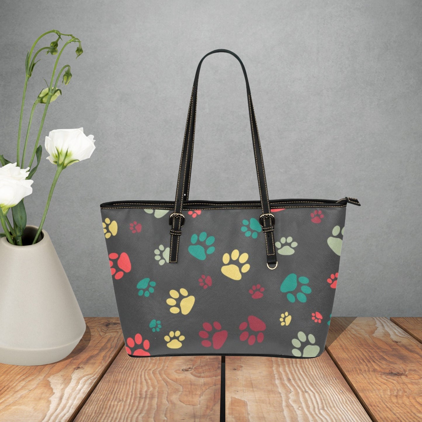 Dog Paw Prints on a large faux leather handbag, Women’s White, Black, Pink, or Gray tote bag, Cute Dog lover handbag with adjustable handles