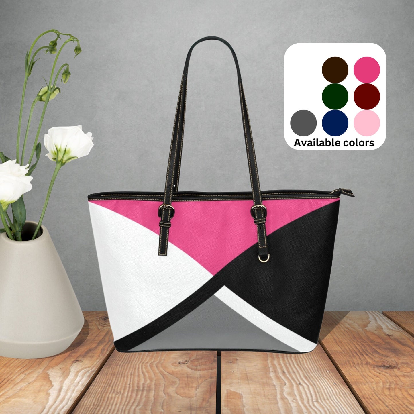 Pink Crisscross large leather tote bag, Black gray white handbag with pink accent color and shoulder straps, Designer Style leather purse