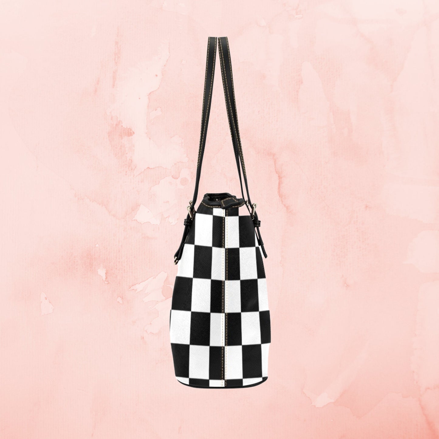 Checkerboard pattern large leather tote bag, Multi color tote with inner zipper pouch and shoulder strap, Designer Style faux leather purse
