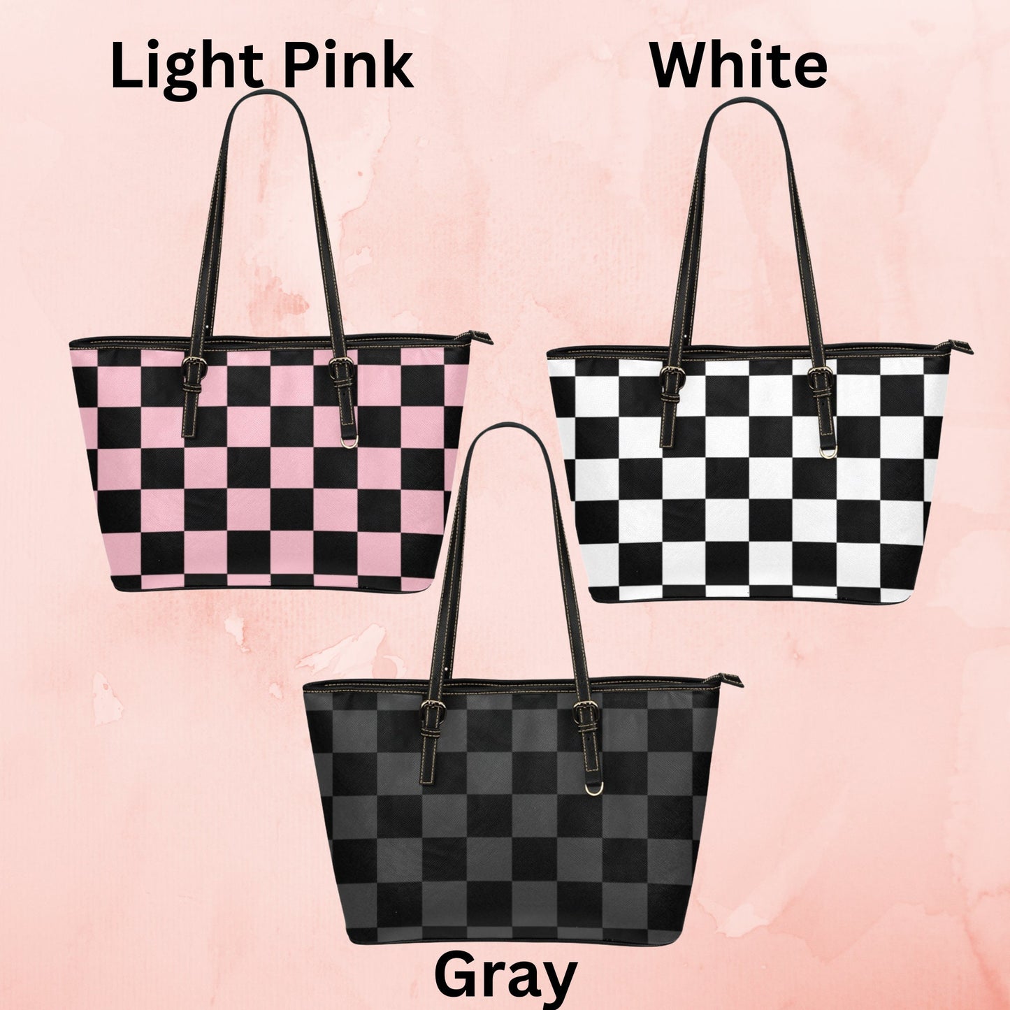 Checkerboard pattern large leather tote bag, Multi color tote with inner zipper pouch and shoulder strap, Designer Style faux leather purse