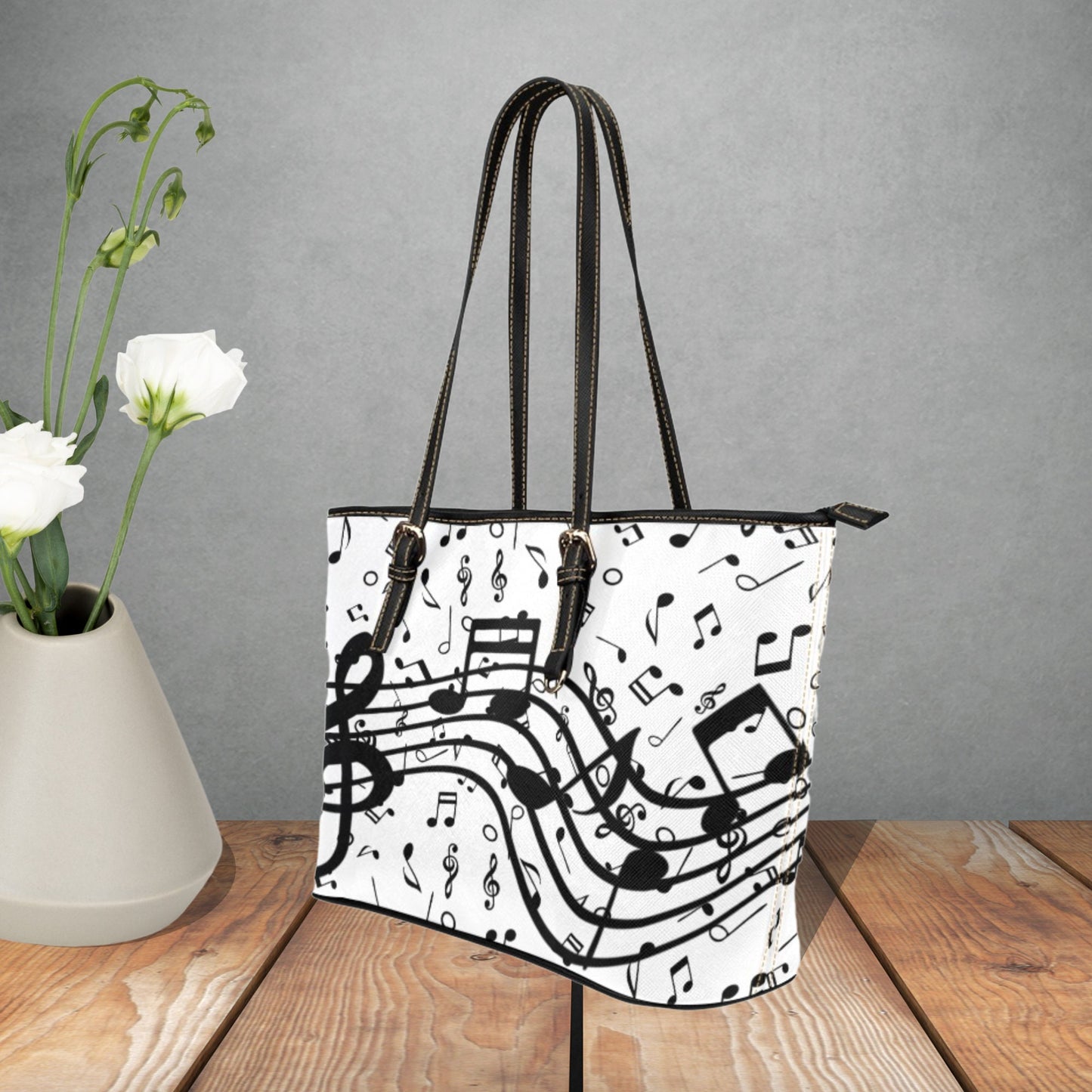 Music Notes and Treble Clef faux leather tote bag, Black and white handbag, Perfect gift for music teacher, Gift for women music lovers