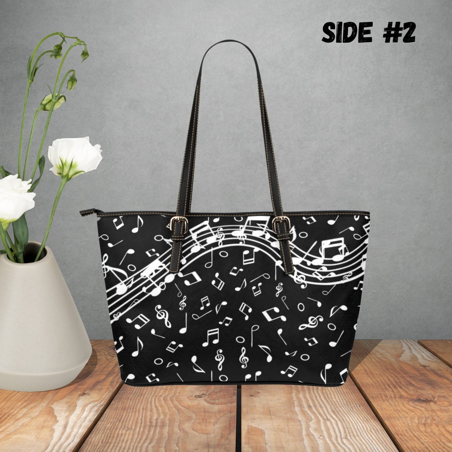 Music Notes and Treble Clef faux leather tote bag, Black and white handbag, Perfect gift for music teacher, Gift for women music lovers