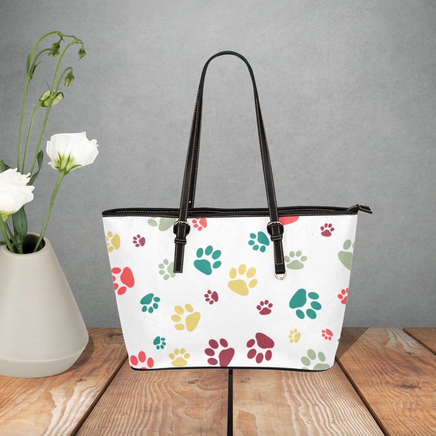 Dog Paw Prints on a large faux leather handbag, Women’s White, Black, Pink, or Gray tote bag, Cute Dog lover handbag with adjustable handles