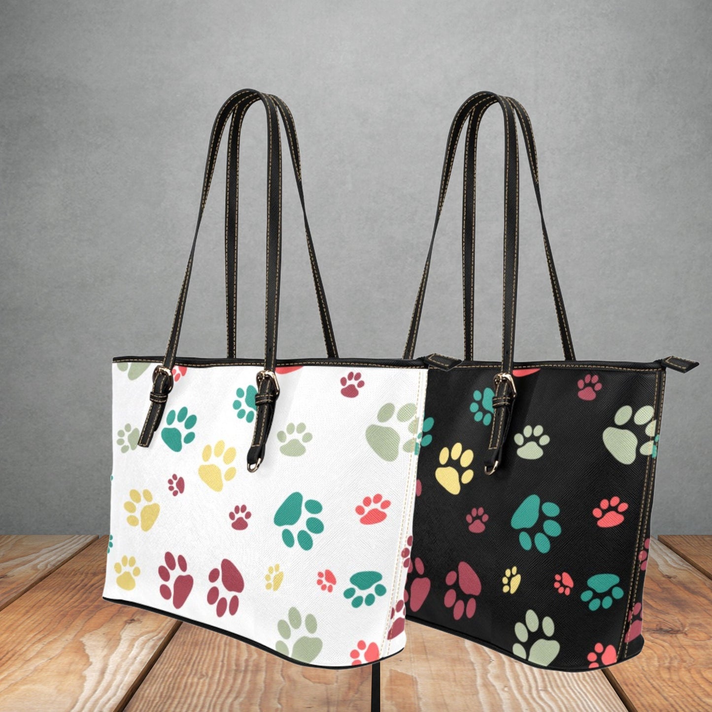 Dog Paw Prints on a large faux leather handbag, Women’s White, Black, Pink, or Gray tote bag, Cute Dog lover handbag with adjustable handles