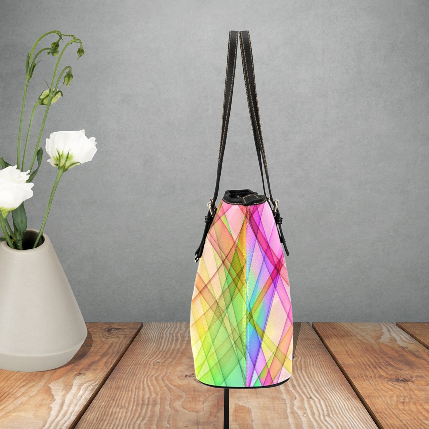 Neon colored woman’s handbag with black or pink adjustable handles, Bright Pink, Green, and Yellow striped Faux leather handbag tote for her