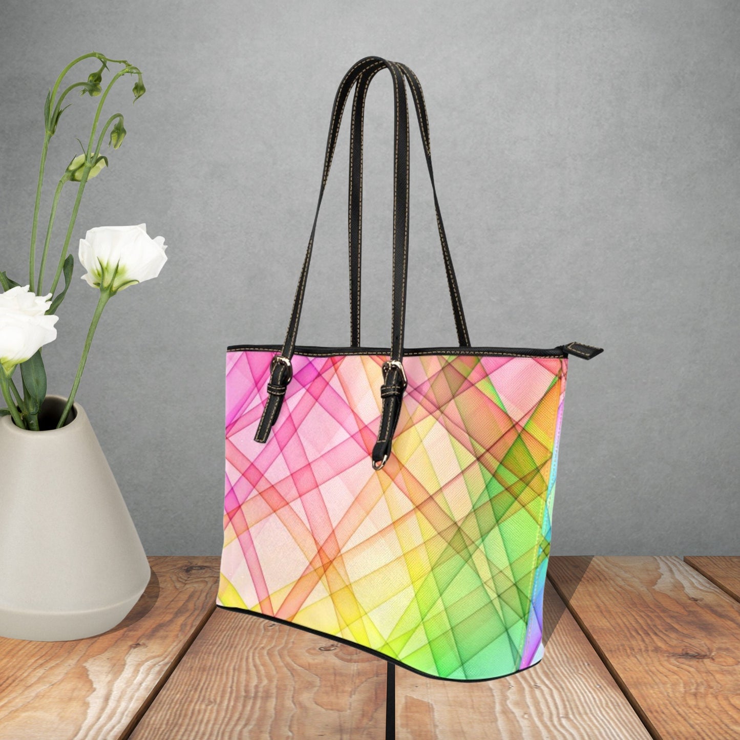 Neon colored woman’s handbag with black or pink adjustable handles, Bright Pink, Green, and Yellow striped Faux leather handbag tote for her
