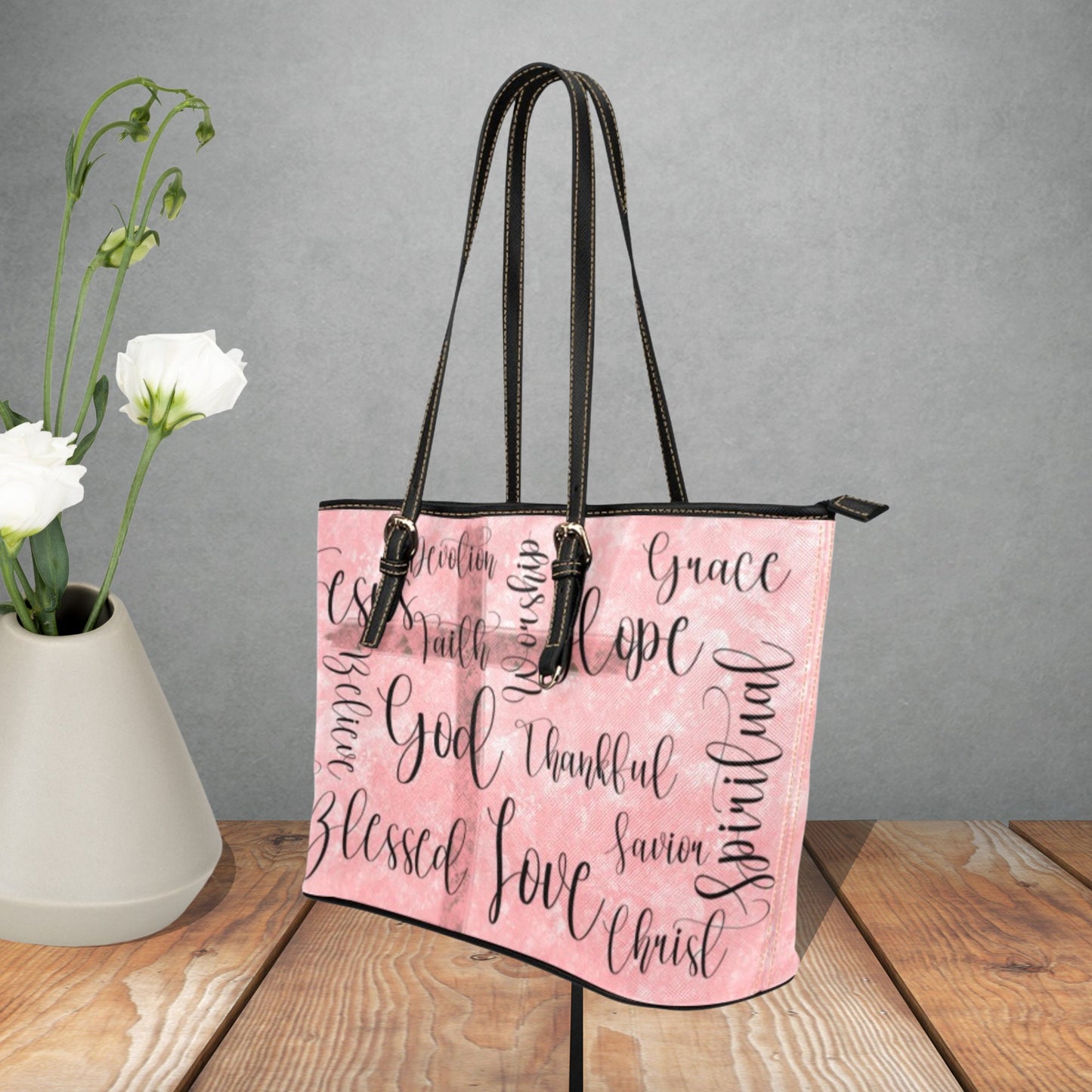 Grey Christian handbag, Faith and inspirational words of God and Jesus on faux leather handbag, Love Jesus, Believe in God, Gift for Wife