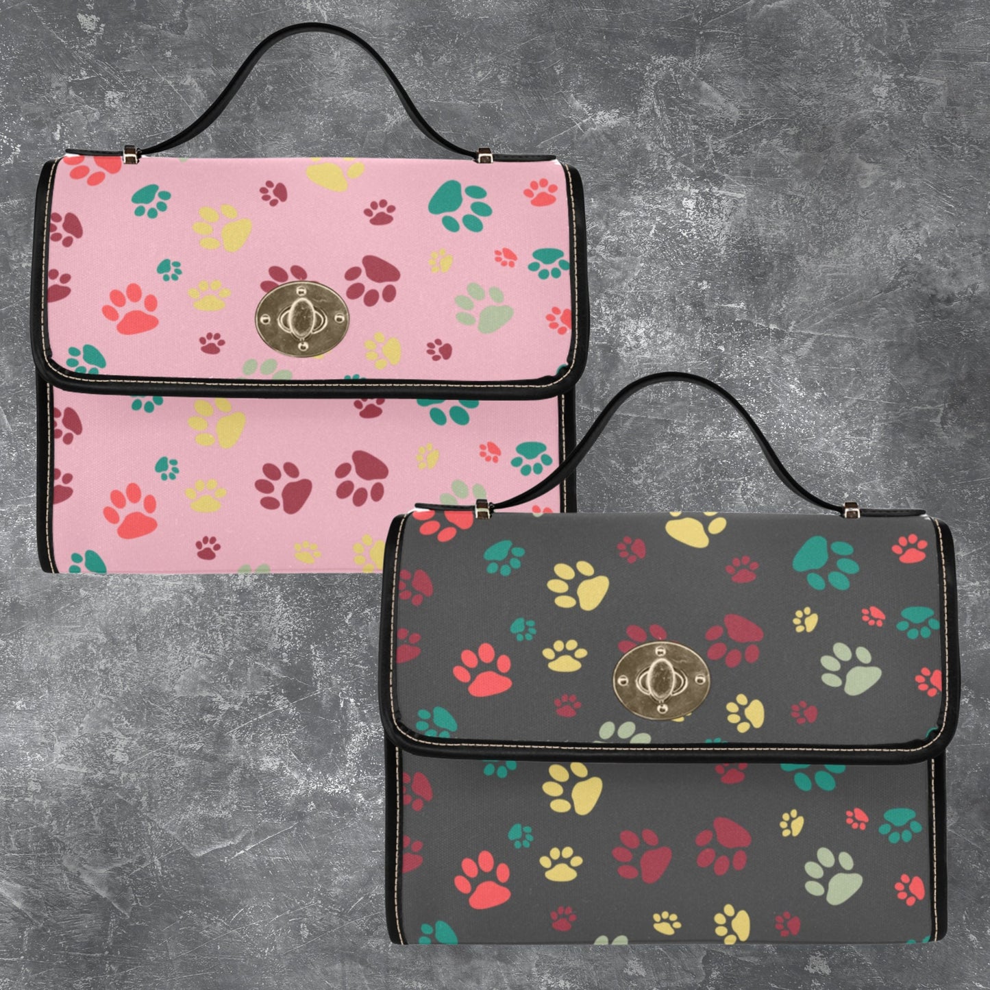 Black satchel handbag with dog paw print pattern and shoulder strap, Black canvas handbag PU leather trim, Dog lover designer style purse