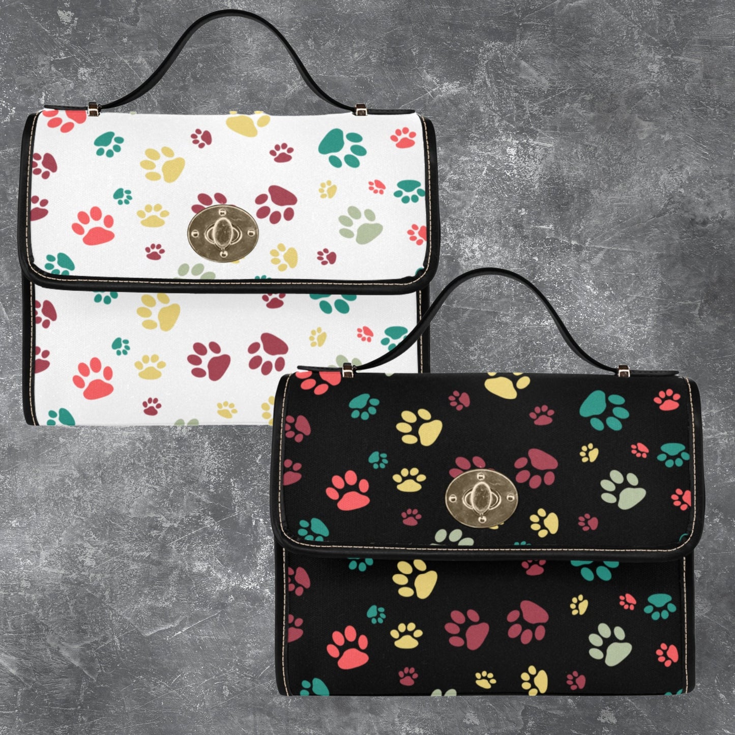 Black satchel handbag with dog paw print pattern and shoulder strap, Black canvas handbag PU leather trim, Dog lover designer style purse