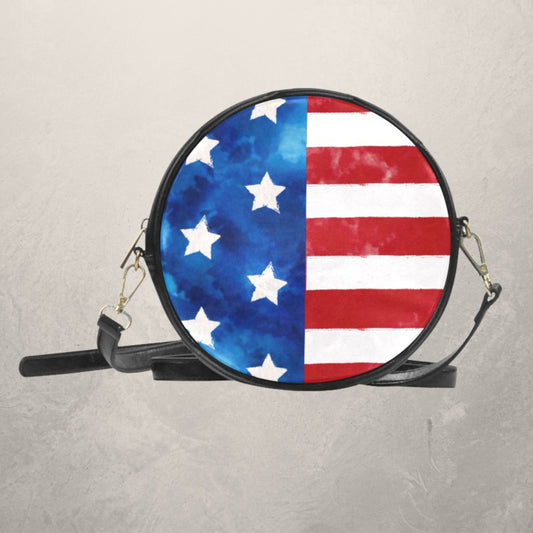 Women’s Patriotic Round Crossbody Sling Bag, Round Vegan Leather Sling Bag with Stars and Stripes, Fourth of July Red White and Blue Bag