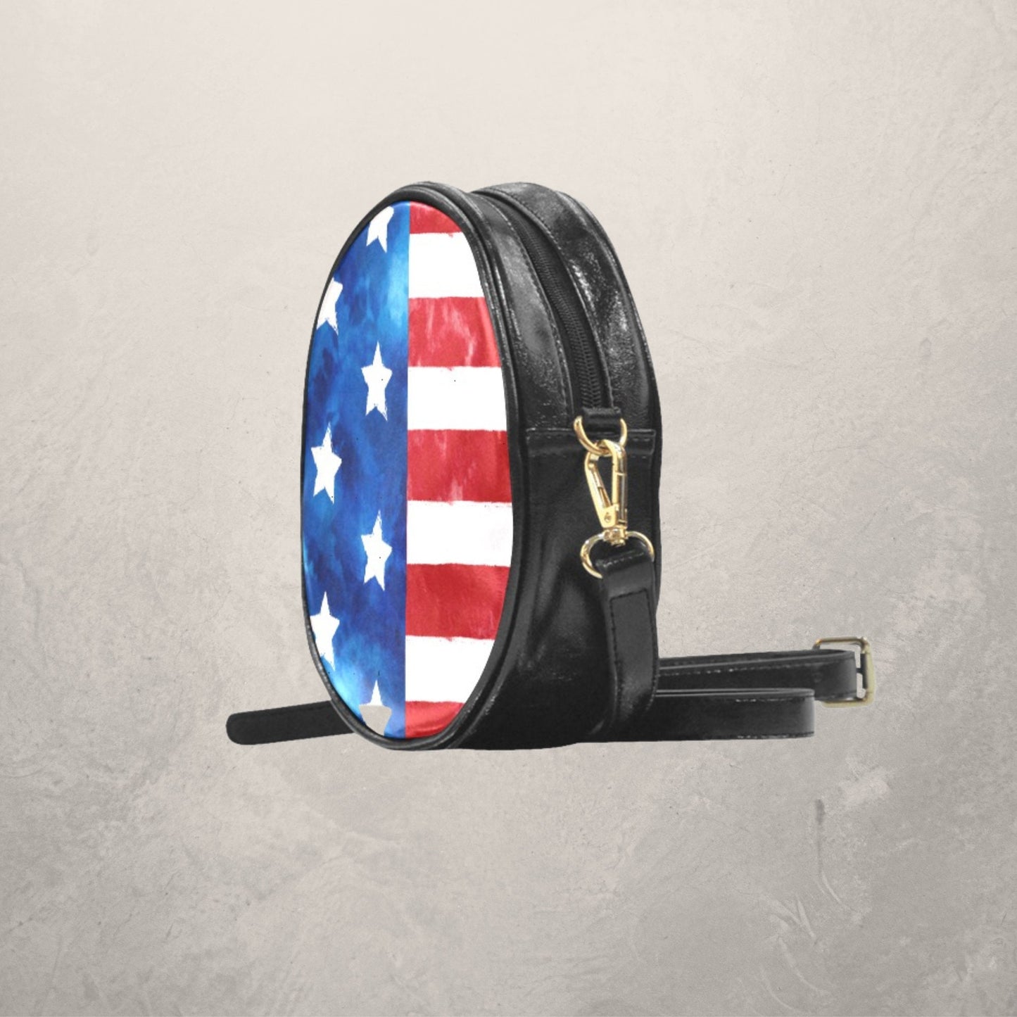 Women’s Patriotic Round Crossbody Sling Bag, Round Vegan Leather Sling Bag with Stars and Stripes, Fourth of July Red White and Blue Bag