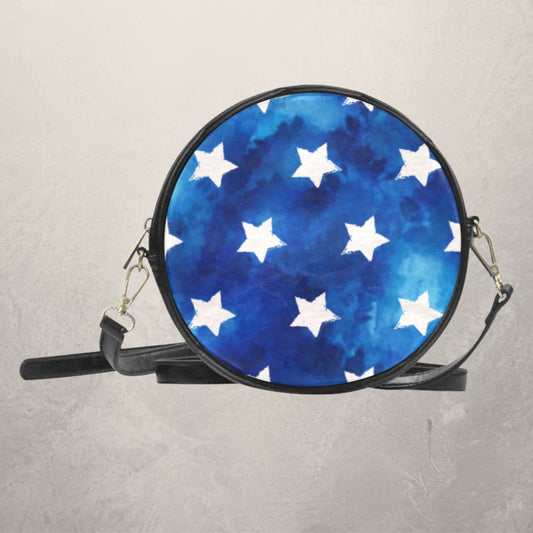 Women’s Blue Watercolor and White Stars Round Crossbody Sling Bag, Round PU Leather Sling Bag with Stars, Fourth of July Blue Shoulder bag