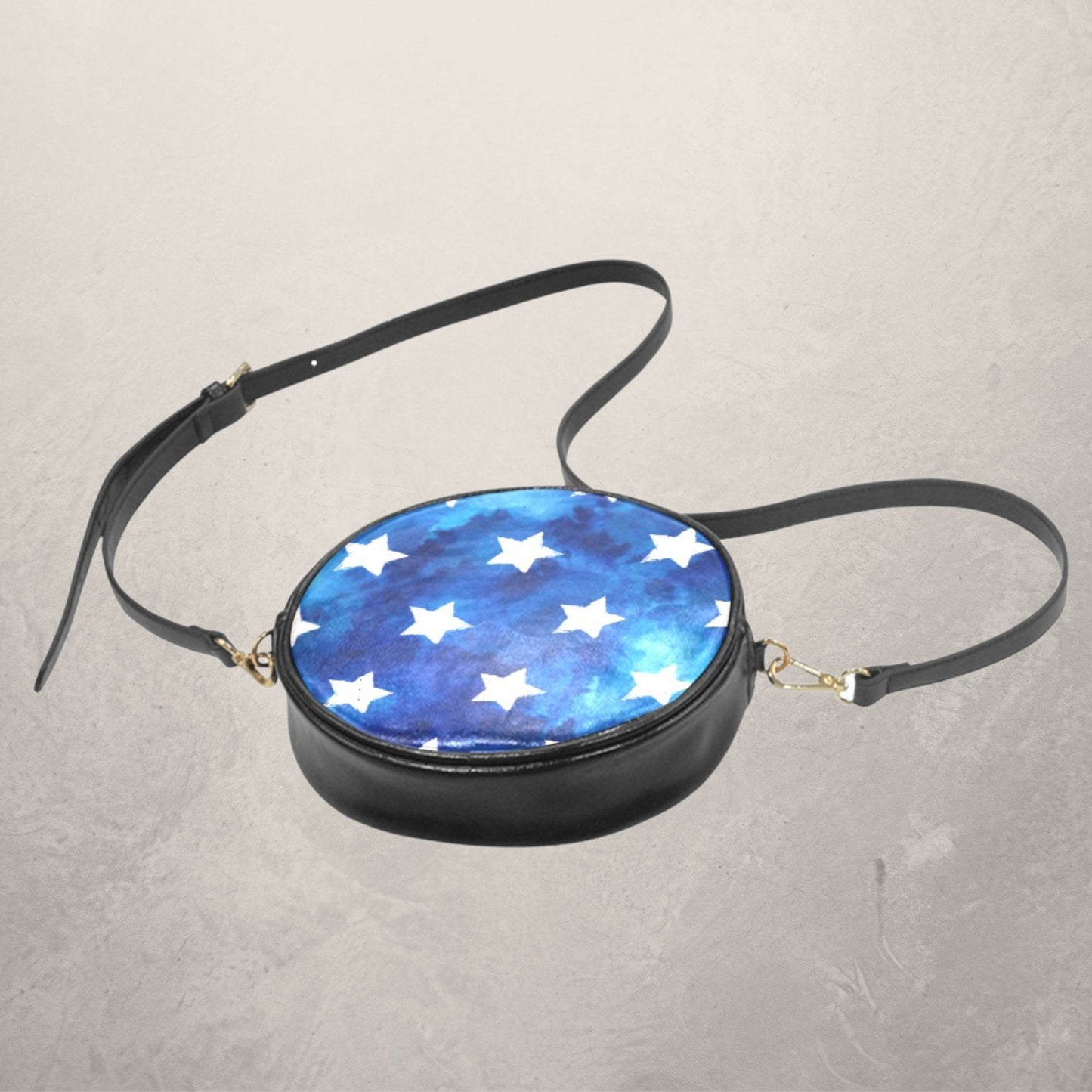 Women’s Blue Watercolor and White Stars Round Crossbody Sling Bag, Round PU Leather Sling Bag with Stars, Fourth of July Blue Shoulder bag