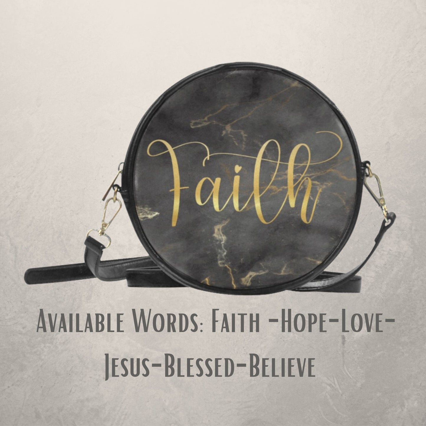 Christian Inspirational Words Round Crossbody Sling Bag, Jesus Bag, Faith crossbody bag with Black and Gold, Religious PU Leather handbag