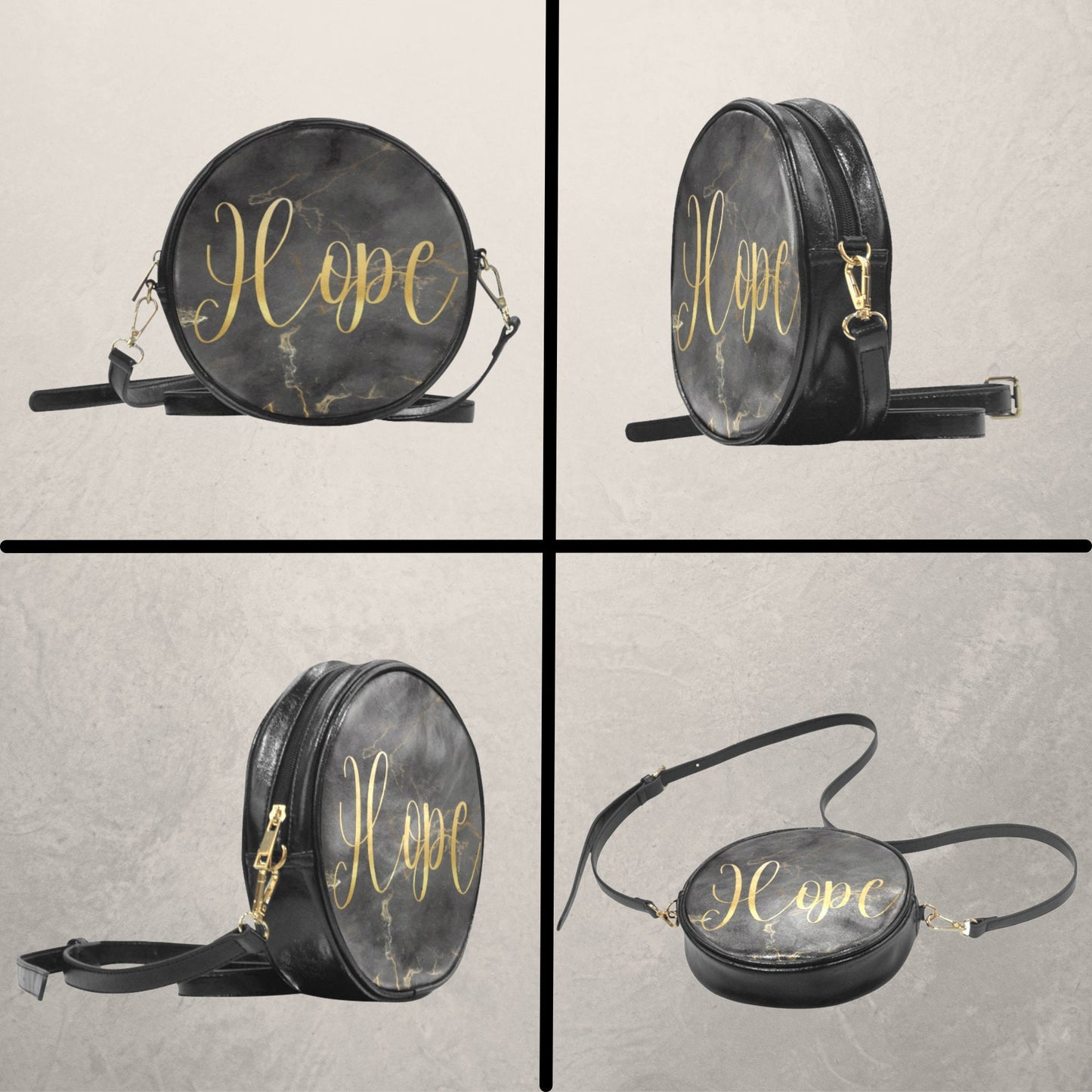 Christian Inspirational Words Round Crossbody Sling Bag, Jesus Bag, Faith crossbody bag with Black and Gold, Religious PU Leather handbag