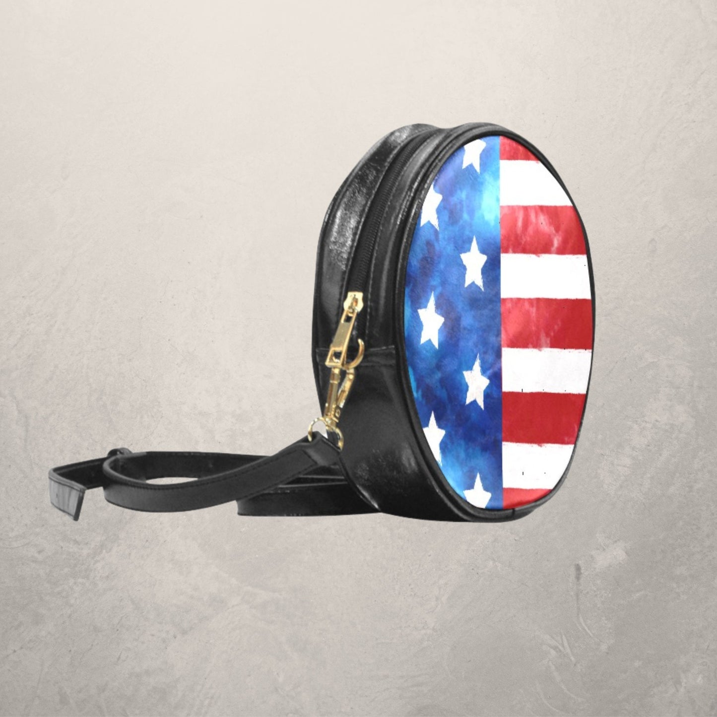 Women’s Patriotic Round Crossbody Sling Bag, Round Vegan Leather Sling Bag with Stars and Stripes, Fourth of July Red White and Blue Bag