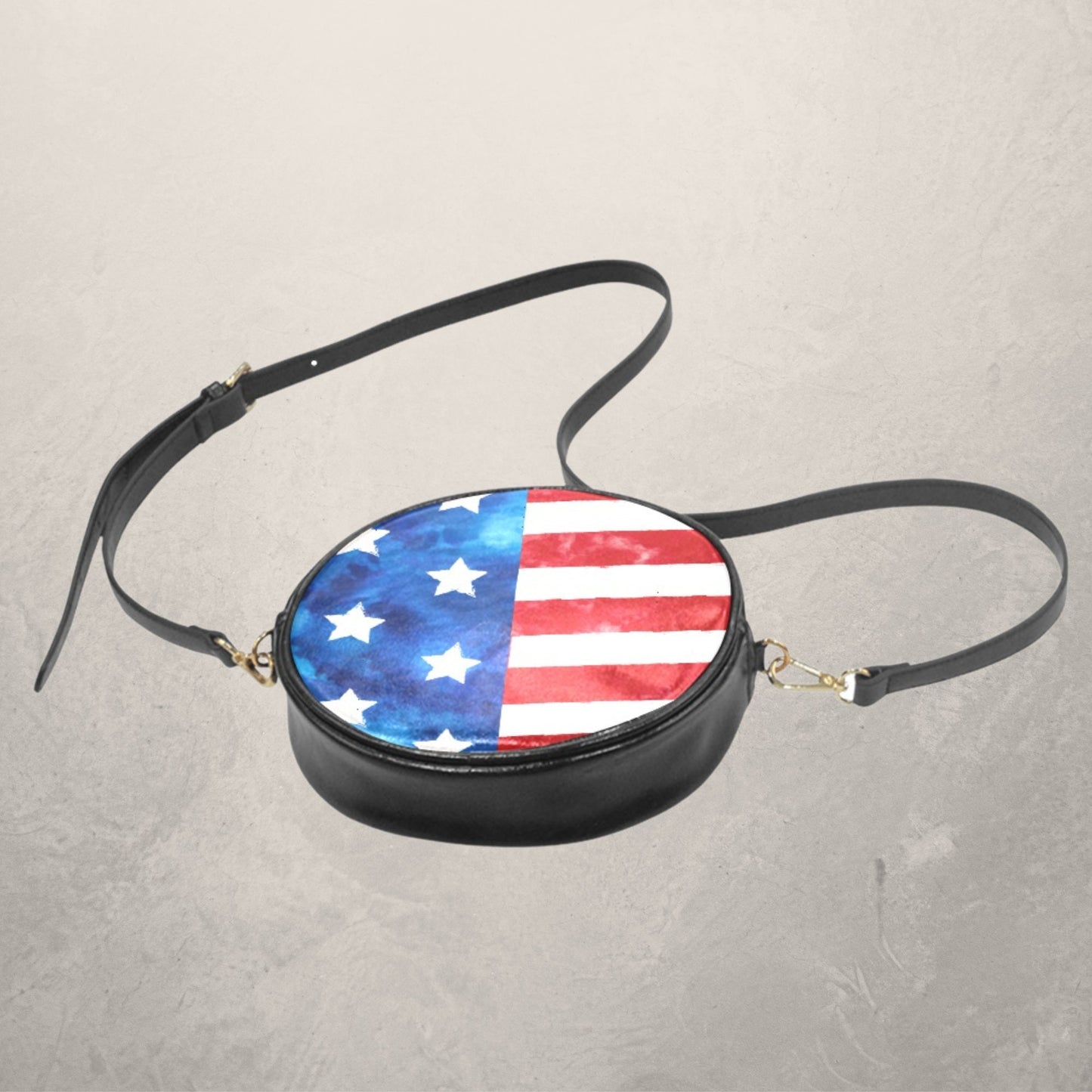 Women’s Patriotic Round Crossbody Sling Bag, Round Vegan Leather Sling Bag with Stars and Stripes, Fourth of July Red White and Blue Bag
