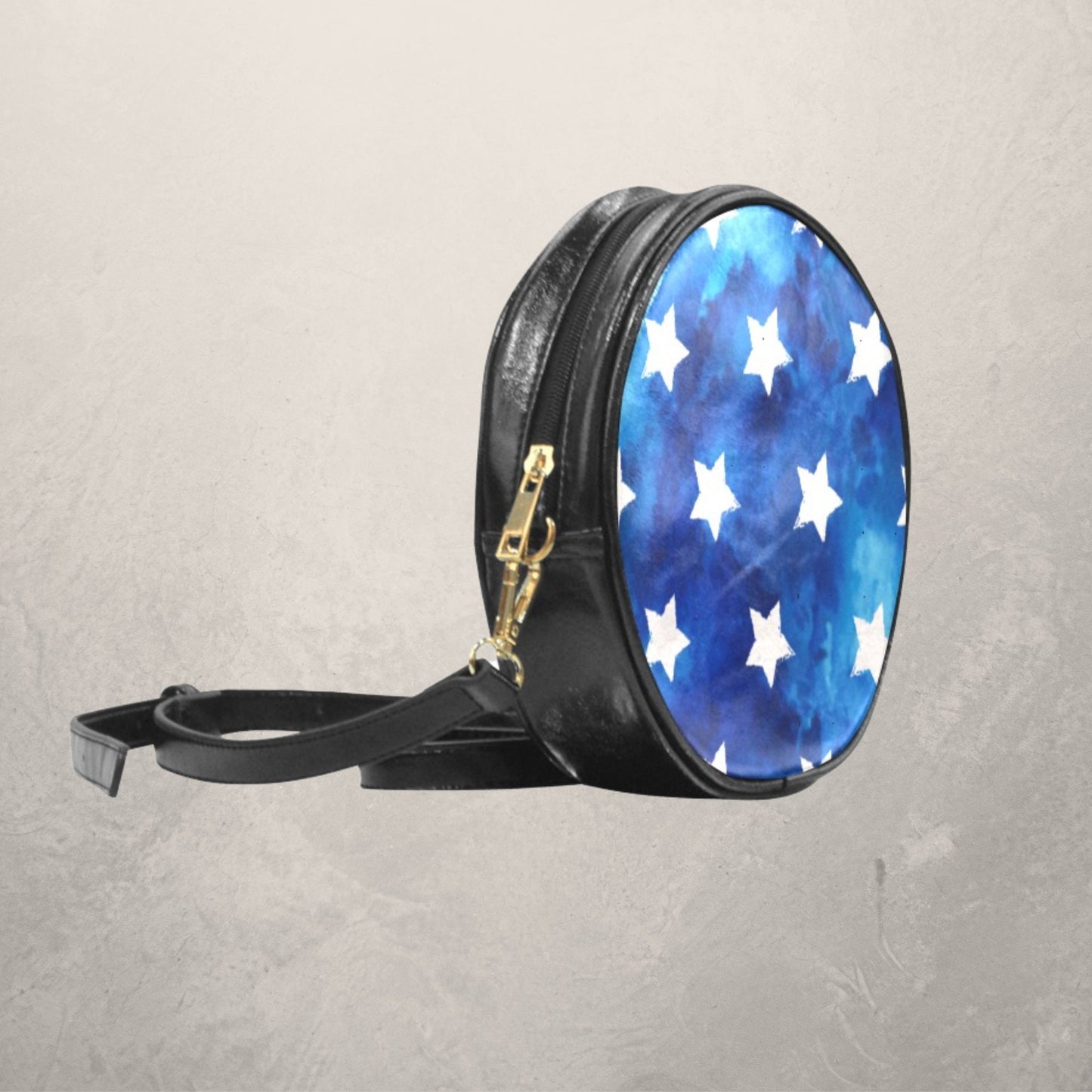Women’s Blue Watercolor and White Stars Round Crossbody Sling Bag, Round PU Leather Sling Bag with Stars, Fourth of July Blue Shoulder bag
