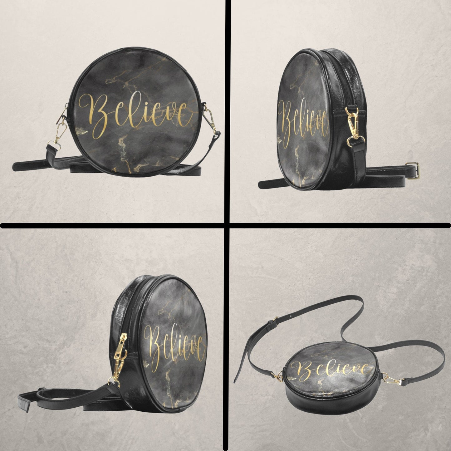 Christian Inspirational Words Round Crossbody Sling Bag, Jesus Bag, Faith crossbody bag with Black and Gold, Religious PU Leather handbag