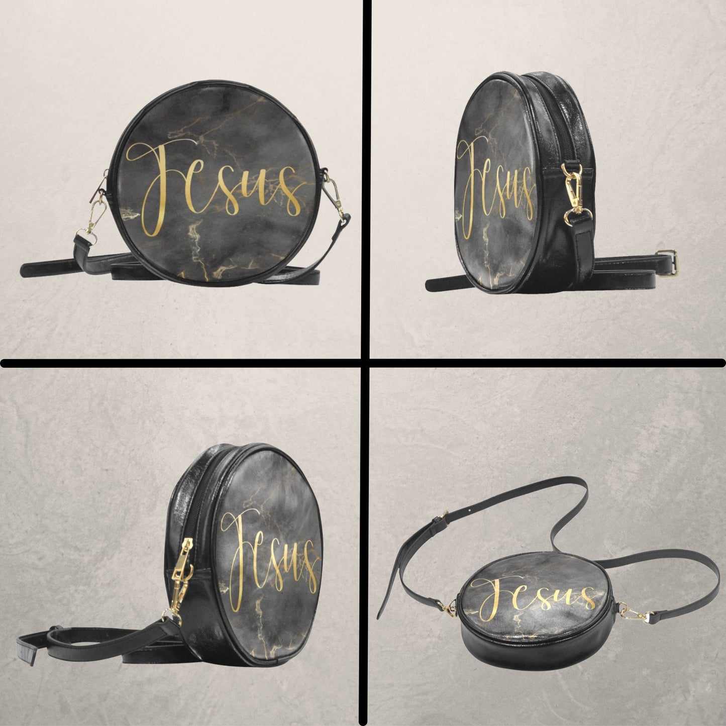Christian Inspirational Words Round Crossbody Sling Bag, Jesus Bag, Faith crossbody bag with Black and Gold, Religious PU Leather handbag