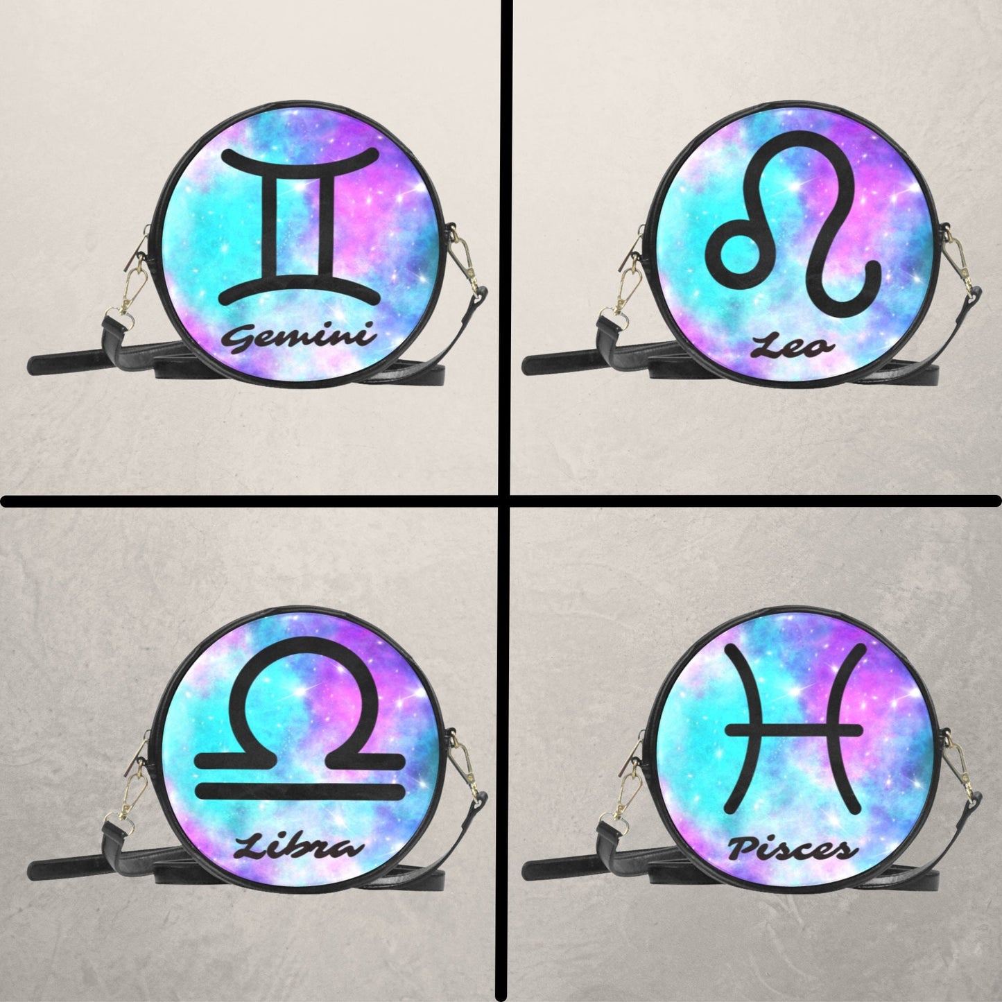 Zodiac Sign Handbag, Zodiac Signs on Black Round Crossbody Bag with Galaxy background, Round Vegan Leather Sling Bag with Astrology sign