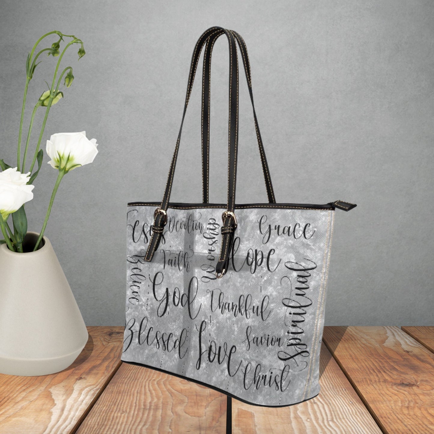 Grey Christian handbag, Faith and inspirational words of God and Jesus on faux leather handbag, Love Jesus, Believe in God, Gift for Wife