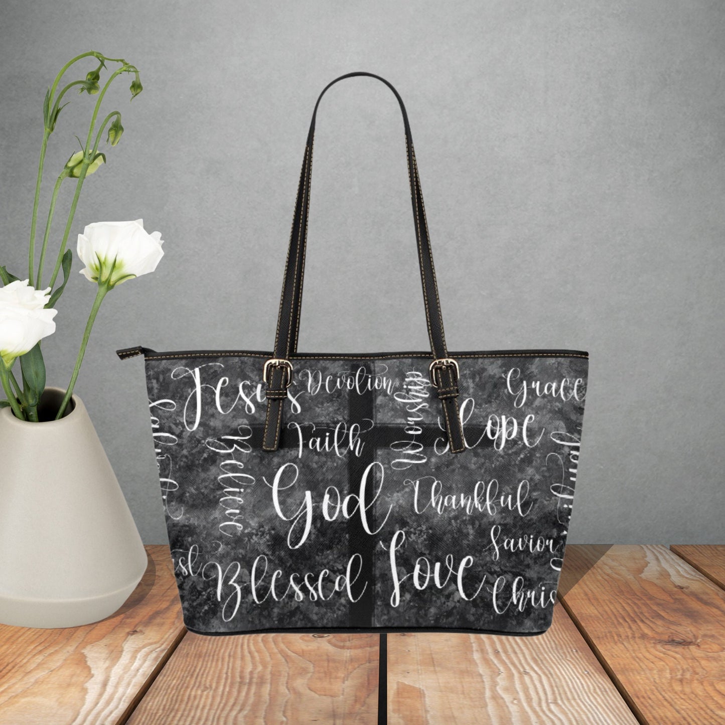 Grey Christian handbag, Faith and inspirational words of God and Jesus on faux leather handbag, Love Jesus, Believe in God, Gift for Wife