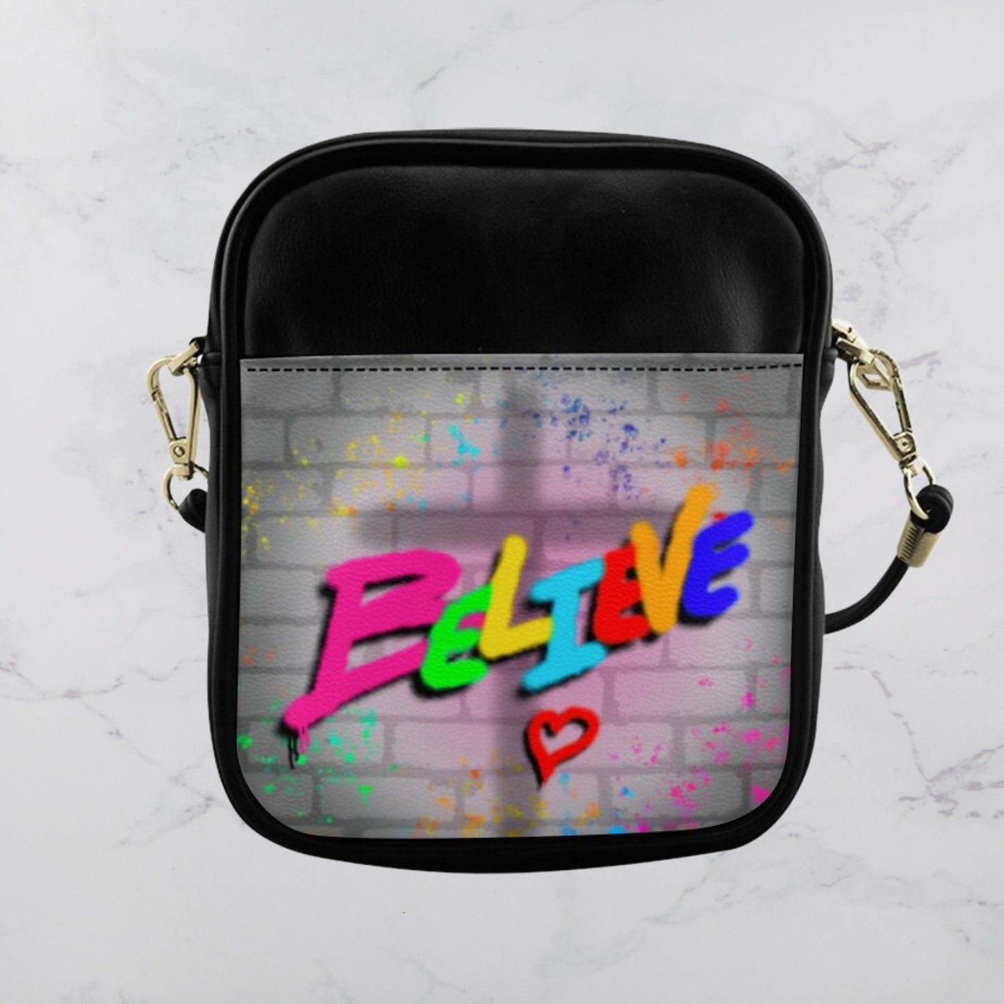 Mini Square Sling Bag, Graffiti Art crossbody bag, Round Crossbody Sling Bag, Colorful Christian Sling handbag, Religious leather crossbody
