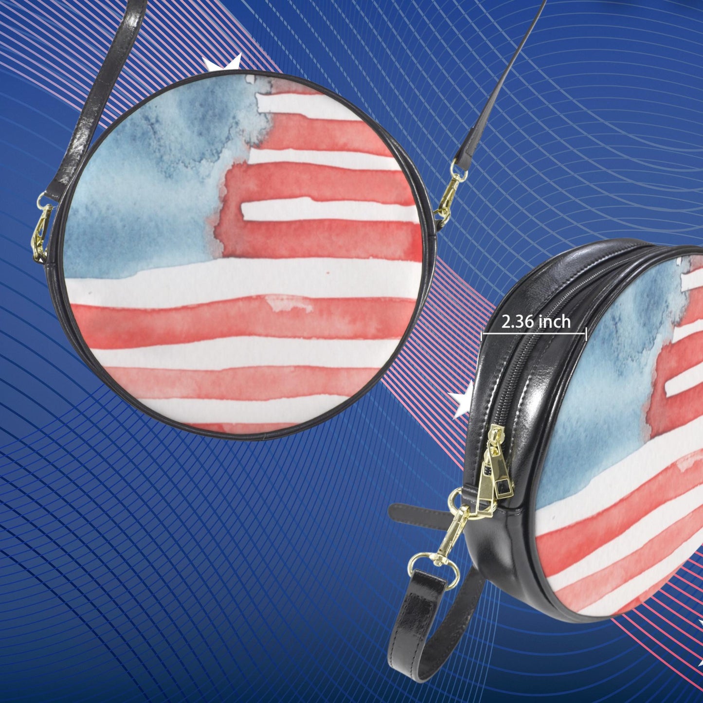 American Flag Round Sling Bag, Patriotic Crossbody bag, Stars and Stripes Women’s Round Vegan Leather Sling Bag, Watercolor design USA Flag