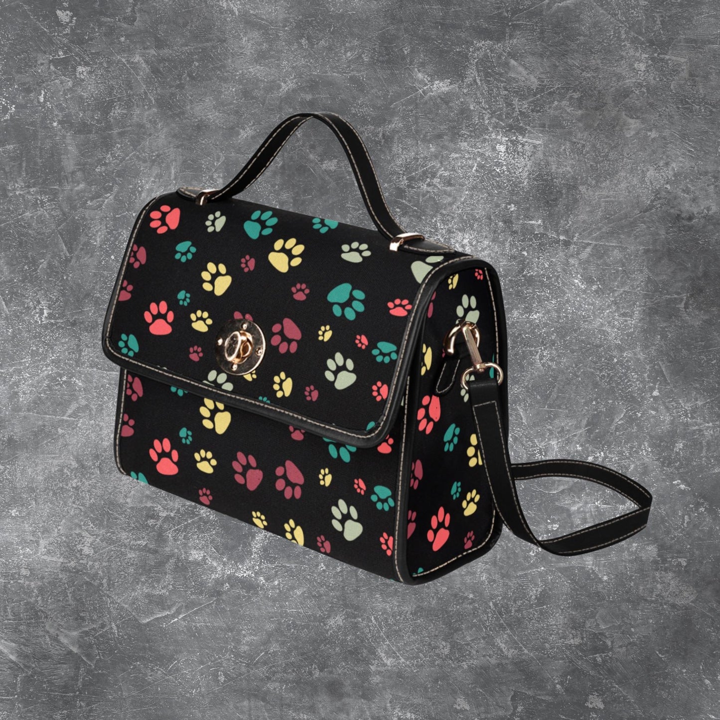 Dog Paw Print Satchel handbag, Dog lover Black canvas handbag, Colorful Dog Paws Design on crossbody purse, Multi colored paw print handbag