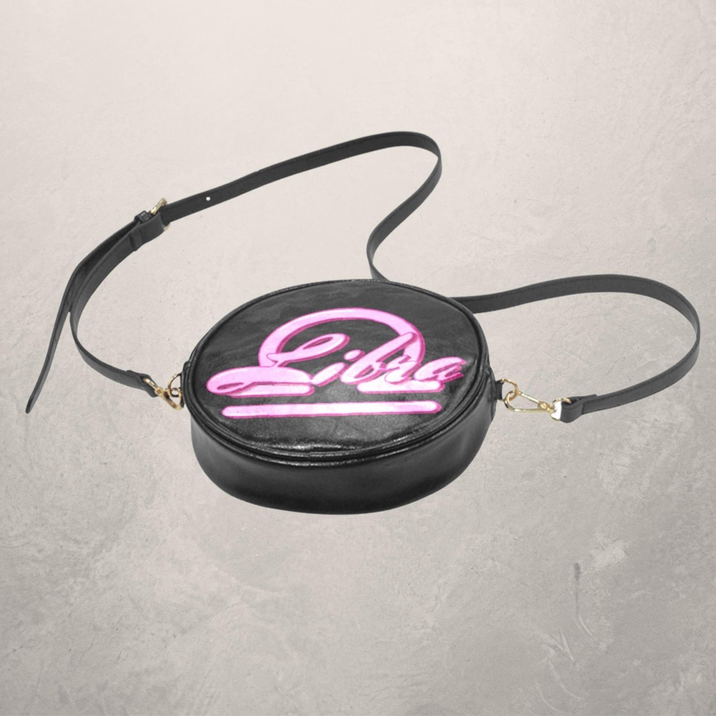 Astrology Sign on Black Round Crossbody Bag, Round Vegan Leather Sling Bag with 3D Zodiac sign, Black and Pink Birthday Shoulder Sling Bag
