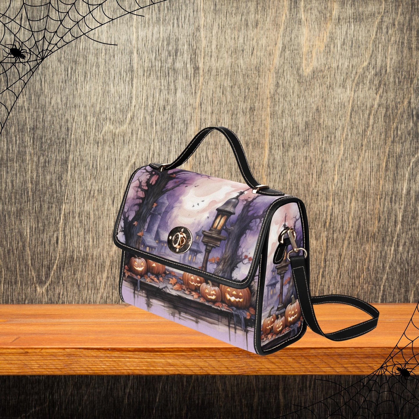 Spooky Halloween Themed Canvas Handbag, Jack-o-Lantern Halloween Satchel, Haunted House Handbag, Women’s Halloween Purse, Halloween Print