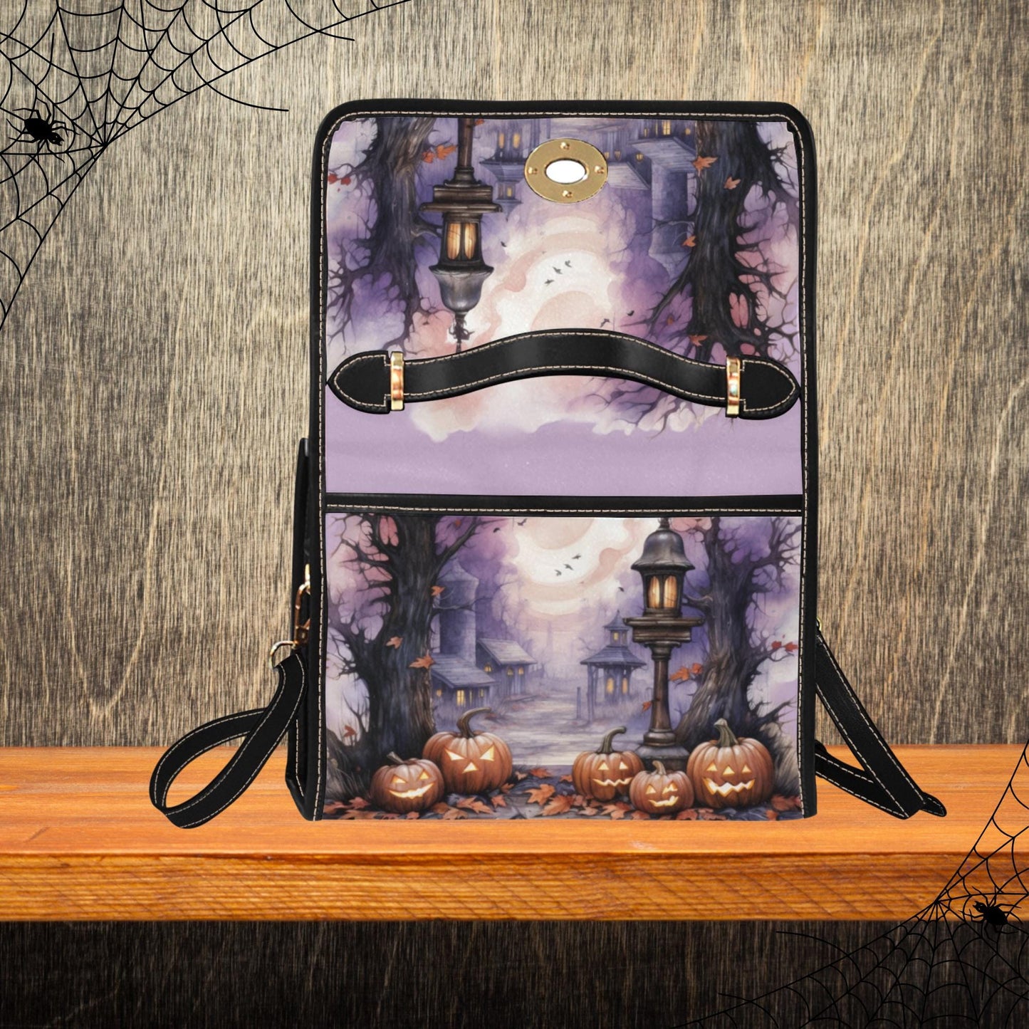 Spooky Halloween Themed Canvas Handbag, Jack-o-Lantern Halloween Satchel, Haunted House Handbag, Women’s Halloween Purse, Halloween Print