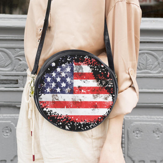 American Flag crossbody bag, Women’s Patriotic Round Sling Bag, Round Vegan Leather Sling Bag with Stars and Stripes, Fourth of July handbag