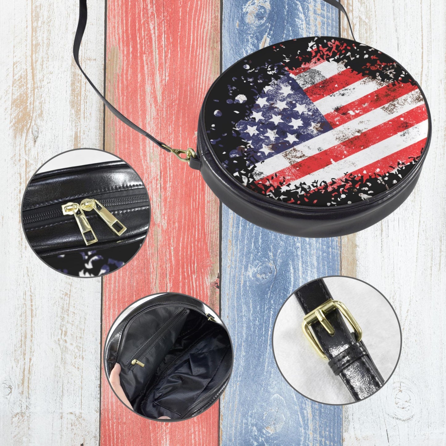 American Flag crossbody bag, Women’s Patriotic Round Sling Bag, Round Vegan Leather Sling Bag with Stars and Stripes, Fourth of July handbag
