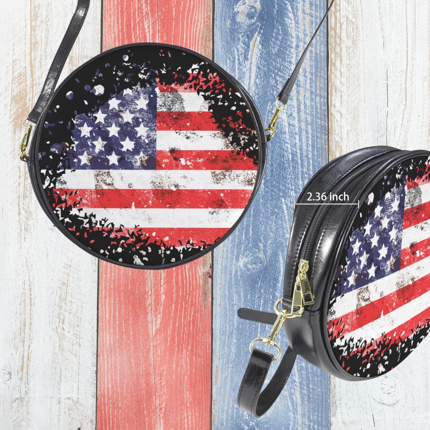 American Flag crossbody bag, Women’s Patriotic Round Sling Bag, Round Vegan Leather Sling Bag with Stars and Stripes, Fourth of July handbag