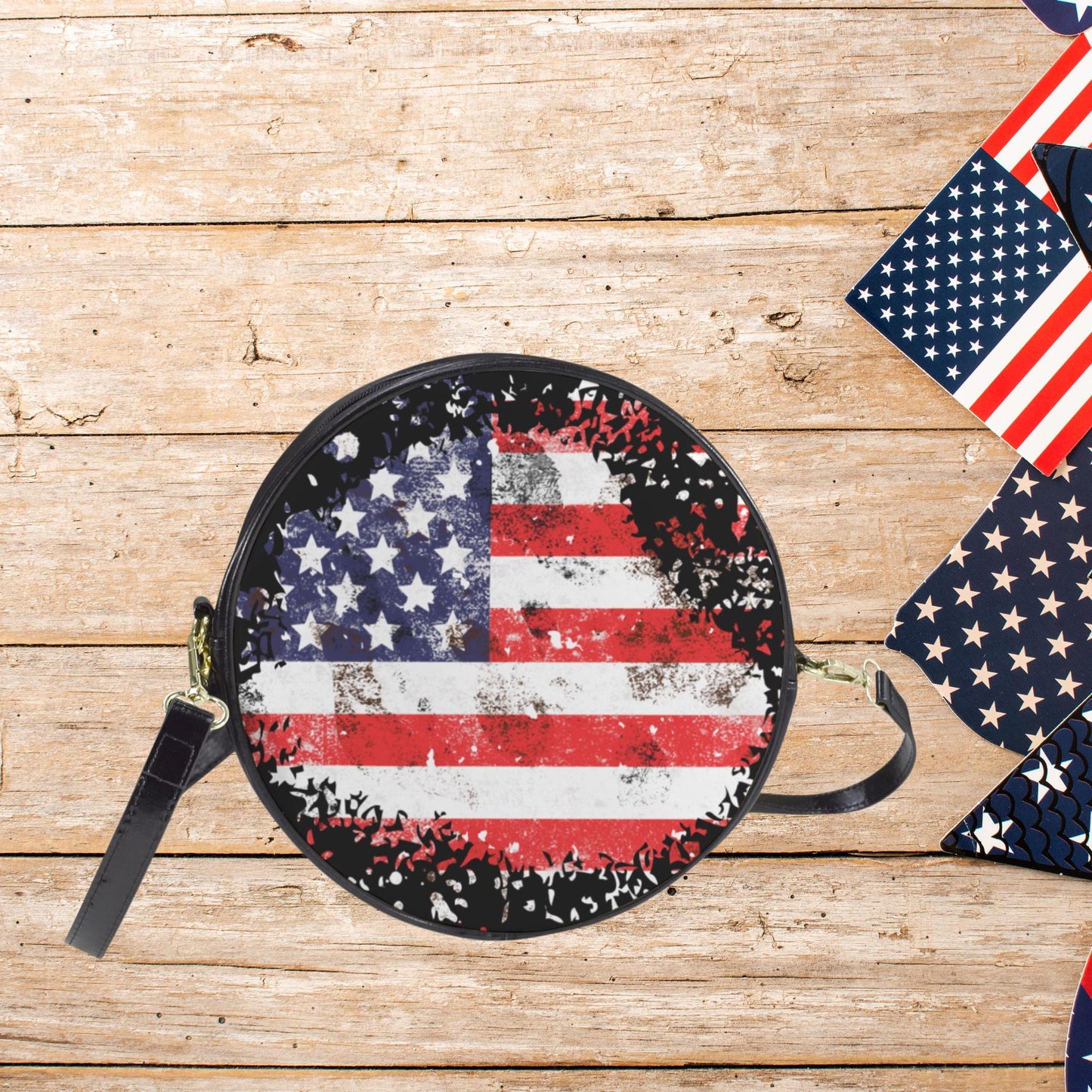 American Flag crossbody bag, Women’s Patriotic Round Sling Bag, Round Vegan Leather Sling Bag with Stars and Stripes, Fourth of July handbag