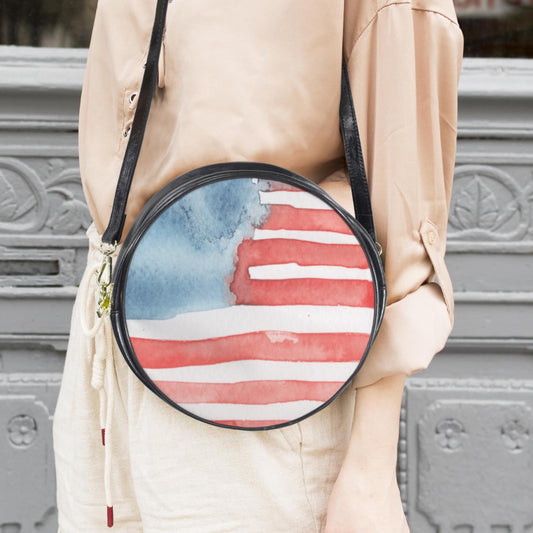 American Flag Round Sling Bag, Patriotic Crossbody bag, Stars and Stripes Women’s Round Vegan Leather Sling Bag, Watercolor design USA Flag