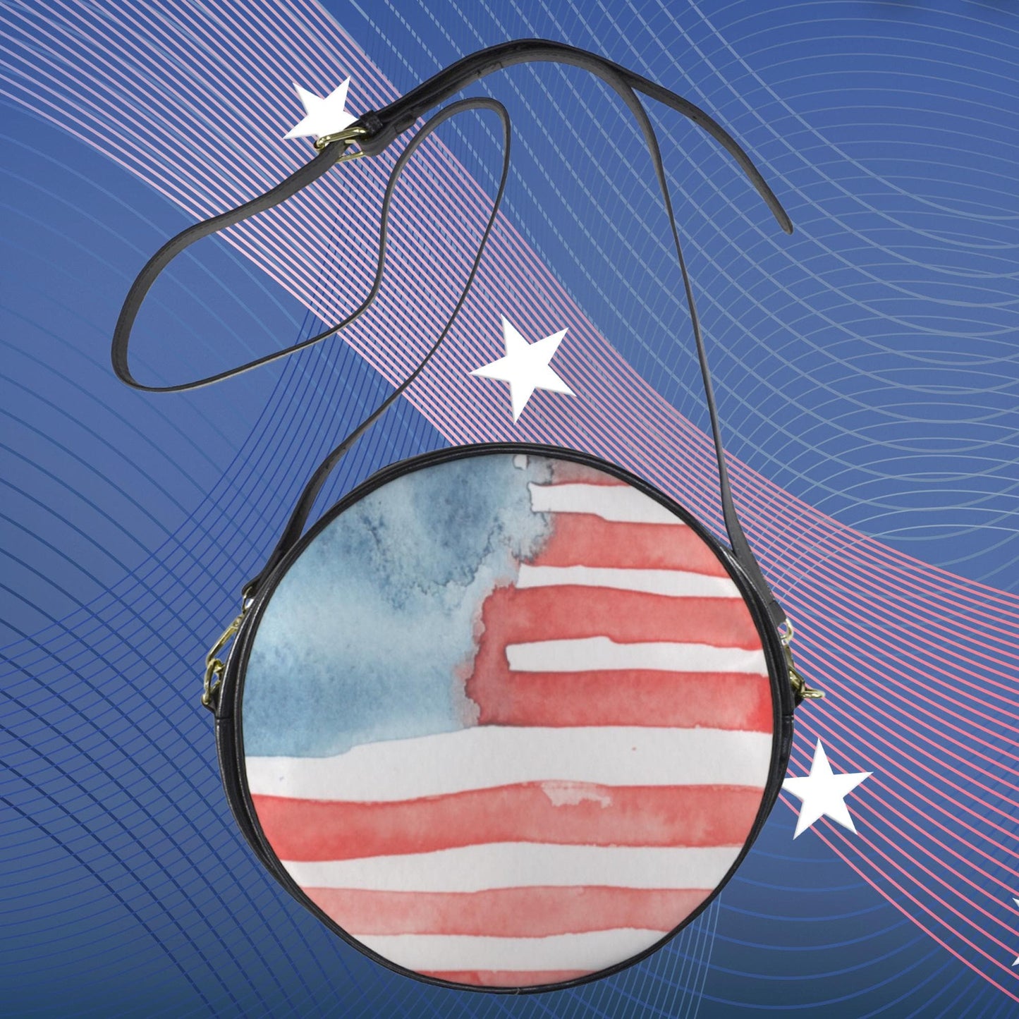 American Flag Round Sling Bag, Patriotic Crossbody bag, Stars and Stripes Women’s Round Vegan Leather Sling Bag, Watercolor design USA Flag