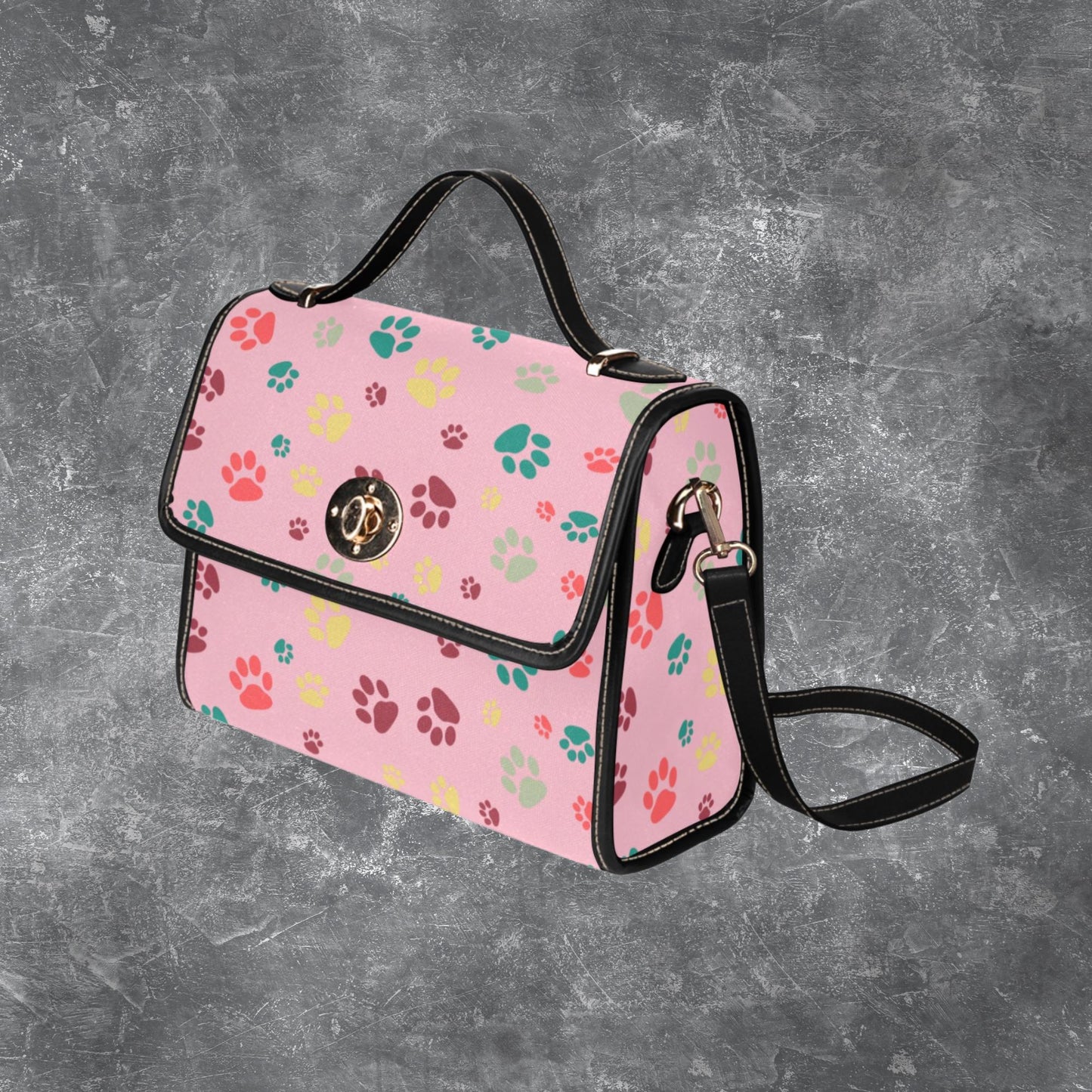Dog Paw Print Satchel handbag, Dog lover Black canvas handbag, Colorful Dog Paws Design on crossbody purse, Multi colored paw print handbag