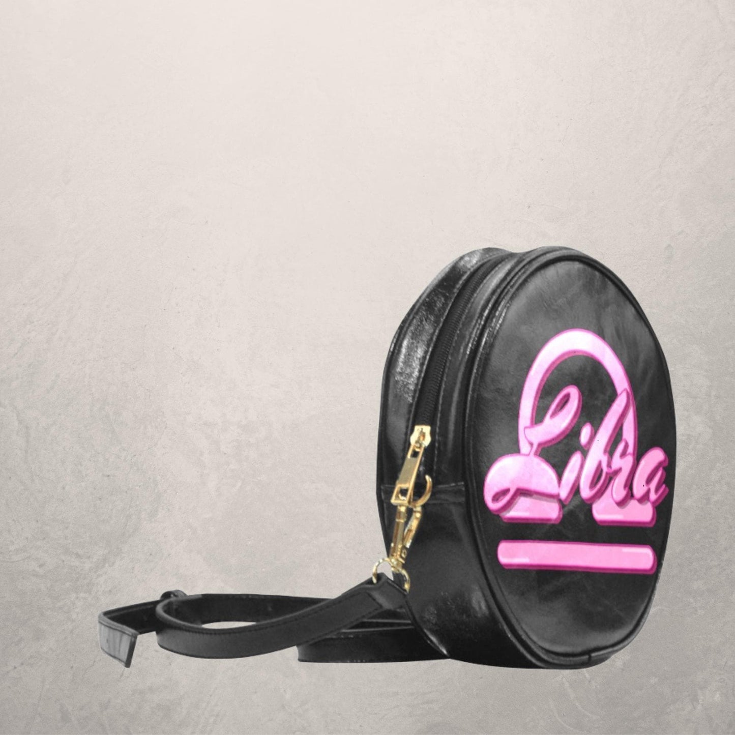 Astrology Sign on Black Round Crossbody Bag, Round Vegan Leather Sling Bag with 3D Zodiac sign, Black and Pink Birthday Shoulder Sling Bag