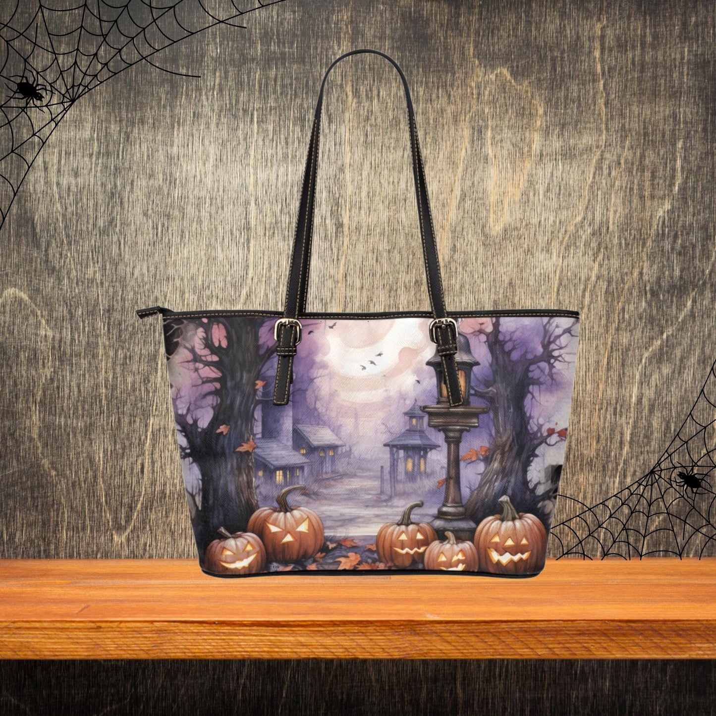 Spooky Halloween Themed Handbag, Jack-o-Lantern Halloween Tote Bag, Haunted House Handbag, Women’s Halloween Design Purse, Halloween Print