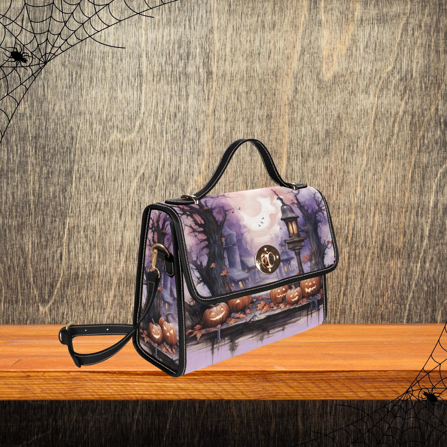 Spooky Halloween Themed Canvas Handbag, Jack-o-Lantern Halloween Satchel, Haunted House Handbag, Women’s Halloween Purse, Halloween Print