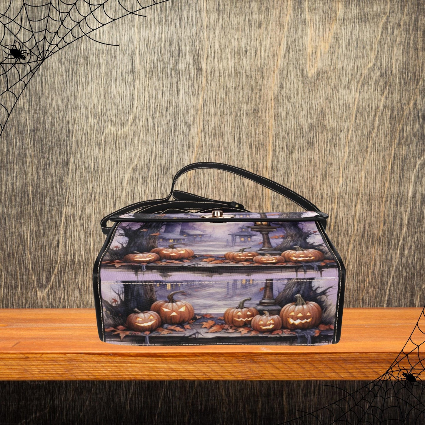 Spooky Halloween Themed Canvas Handbag, Jack-o-Lantern Halloween Satchel, Haunted House Handbag, Women’s Halloween Purse, Halloween Print