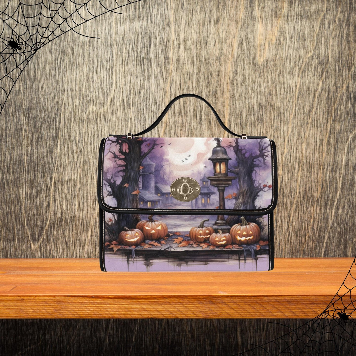 Spooky Halloween Themed Canvas Handbag, Jack-o-Lantern Halloween Satchel, Haunted House Handbag, Women’s Halloween Purse, Halloween Print