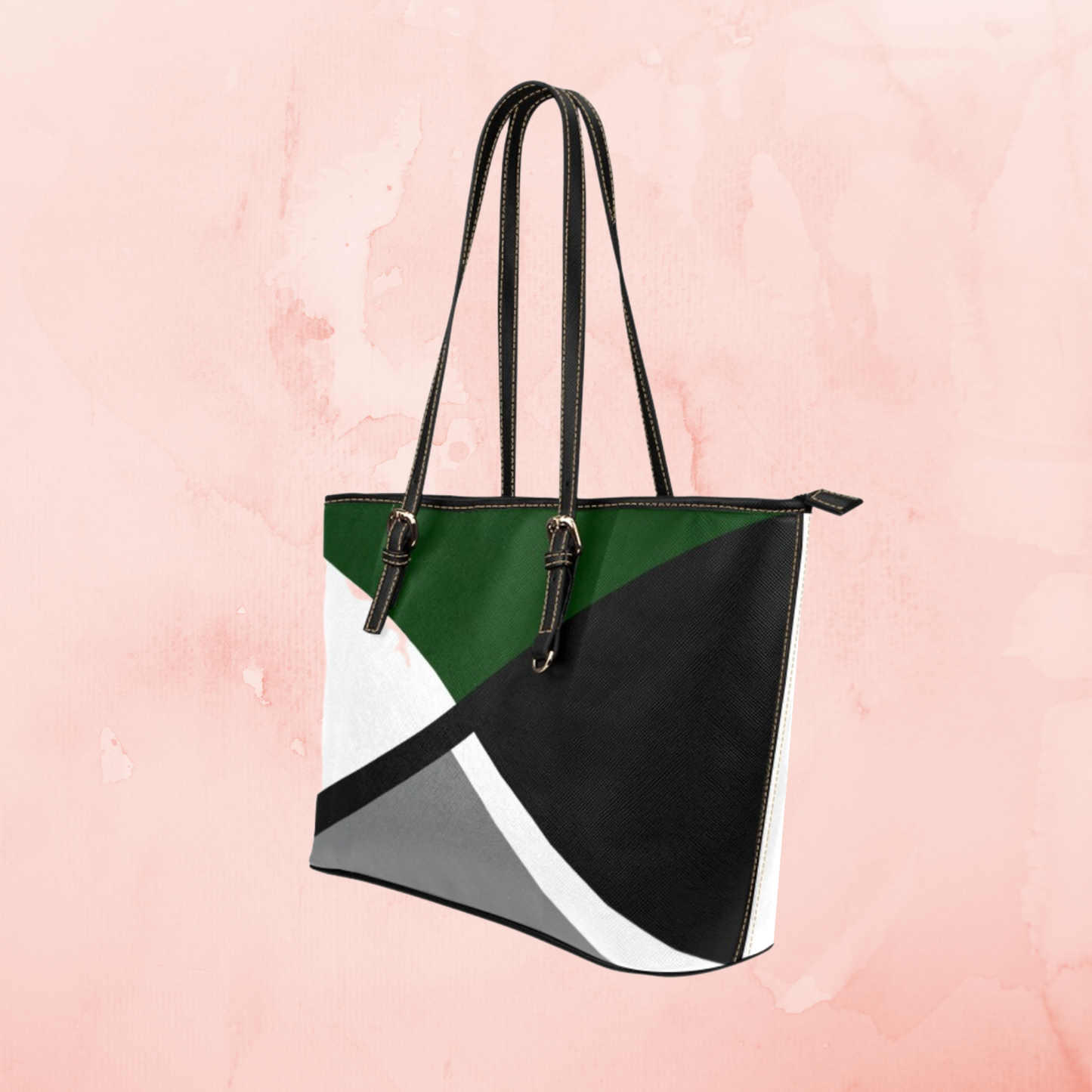Pink Crisscross large leather tote bag, Black gray white handbag with pink accent color and shoulder straps, Designer Style leather purse