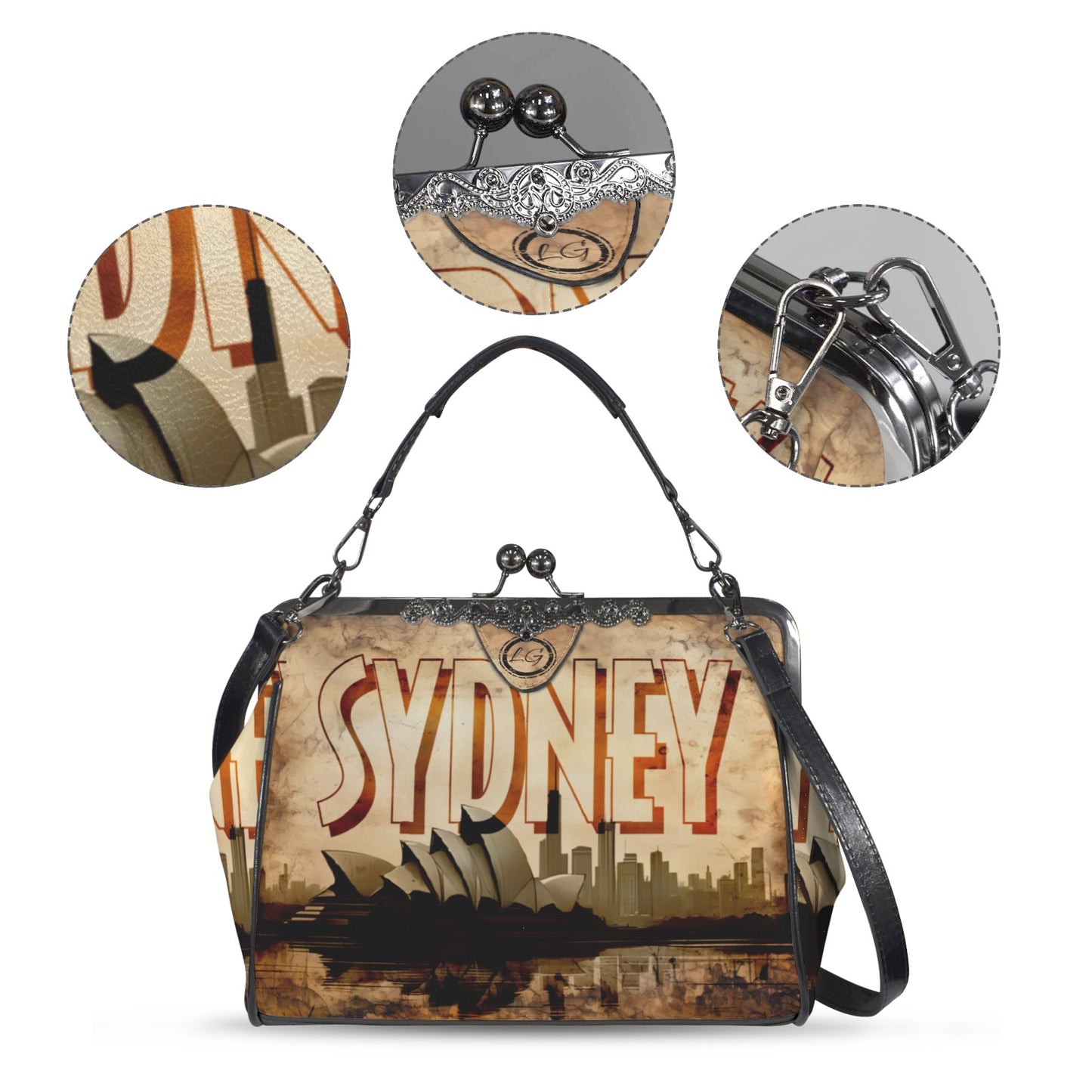 Sydney vacation destination handbag, Unique Australia Crossbody Purse, Sydney Opera House Shoulder Handbag, Down Under Vintage Style handbag Sydney Australia Kisslock Kisslock Crossbody Shoulder Bag (Model 1752)
