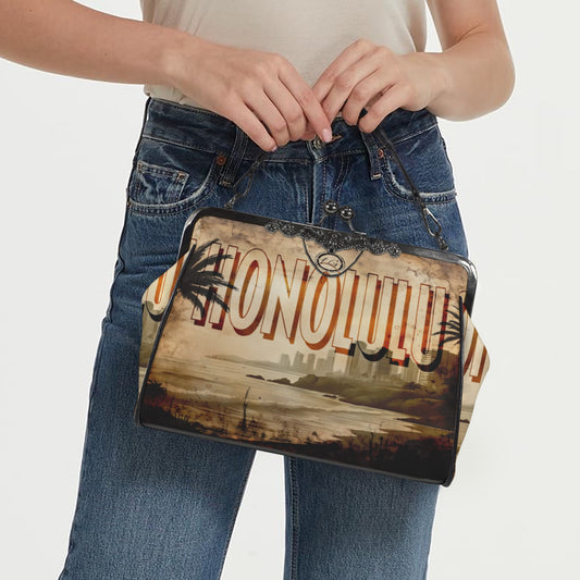 Waikiki Beach designed Handbag, Unique Hawaii Crossbody Purse, Honolulu Vacation Souvenir Shoulder Handbag, Beach Tote Bag, Vintage Handbag
